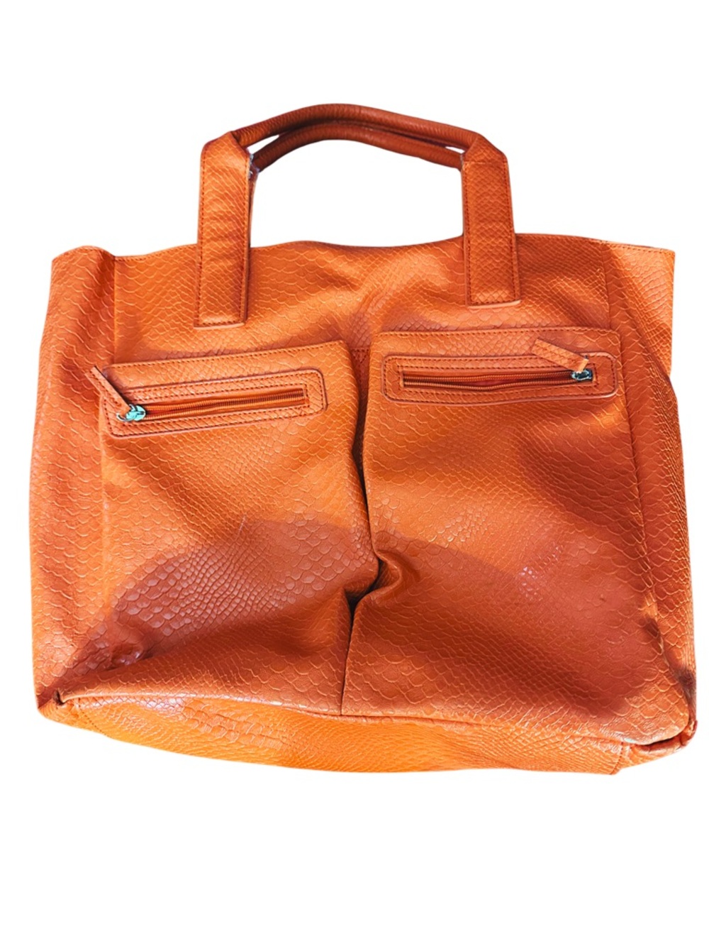 Neiman Marcus Orange Textured Tote Bag with Front Zip Pockets